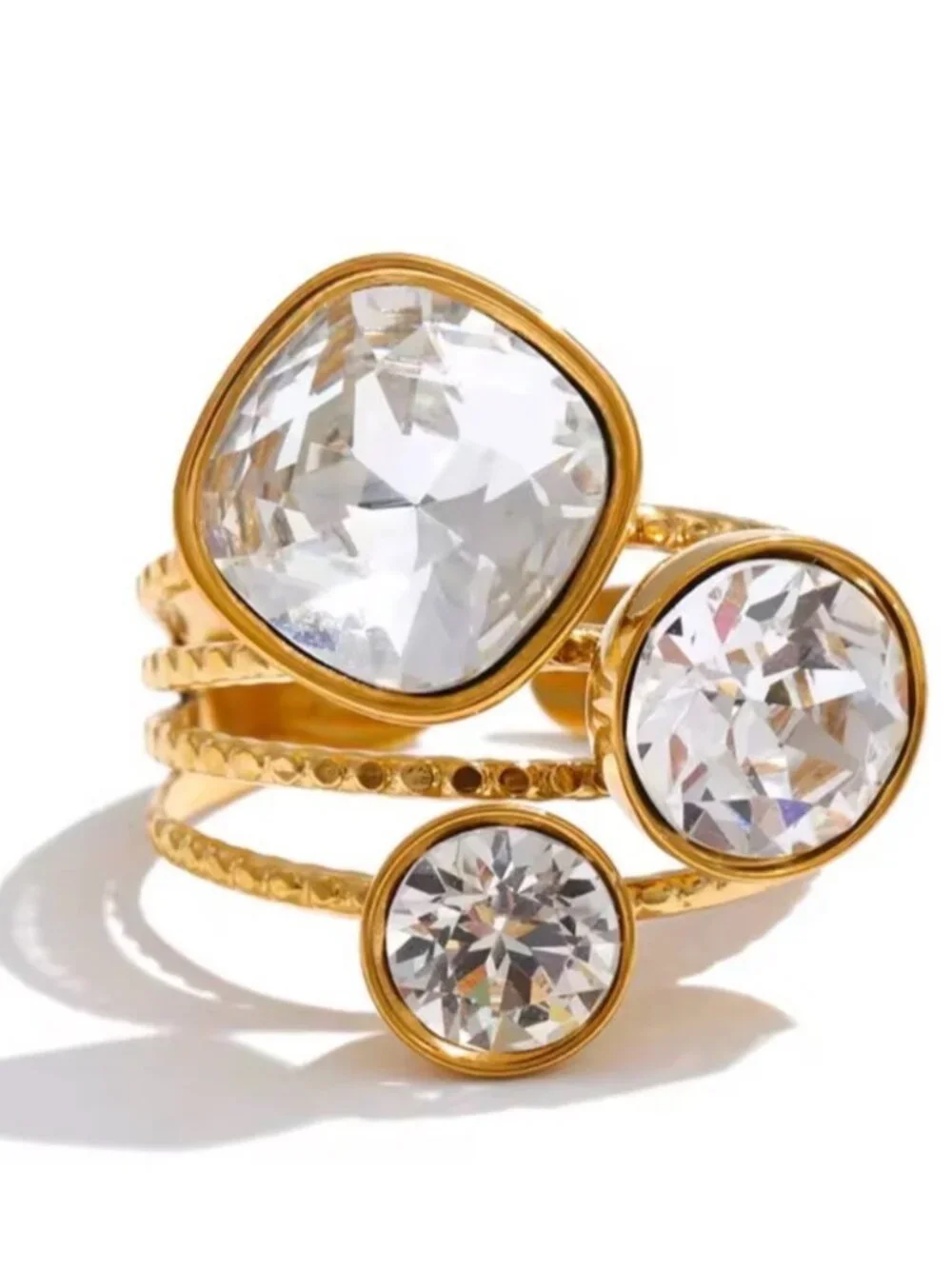 18 K Gold plated Triple Crystal Stack Ring